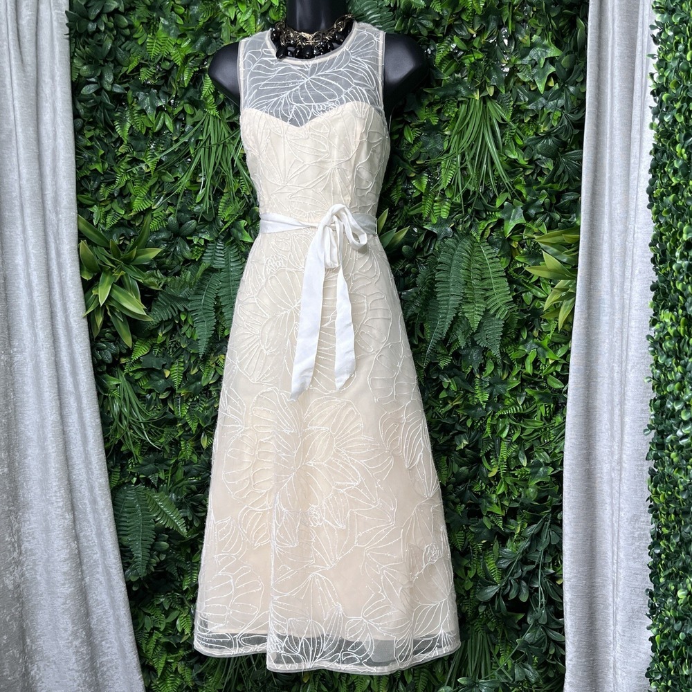 BCBGMAXAZRIA Dress Embroidered 6 Beige Organza Women Midi Gown $428 NWT 1894 - Picture 4 of 14